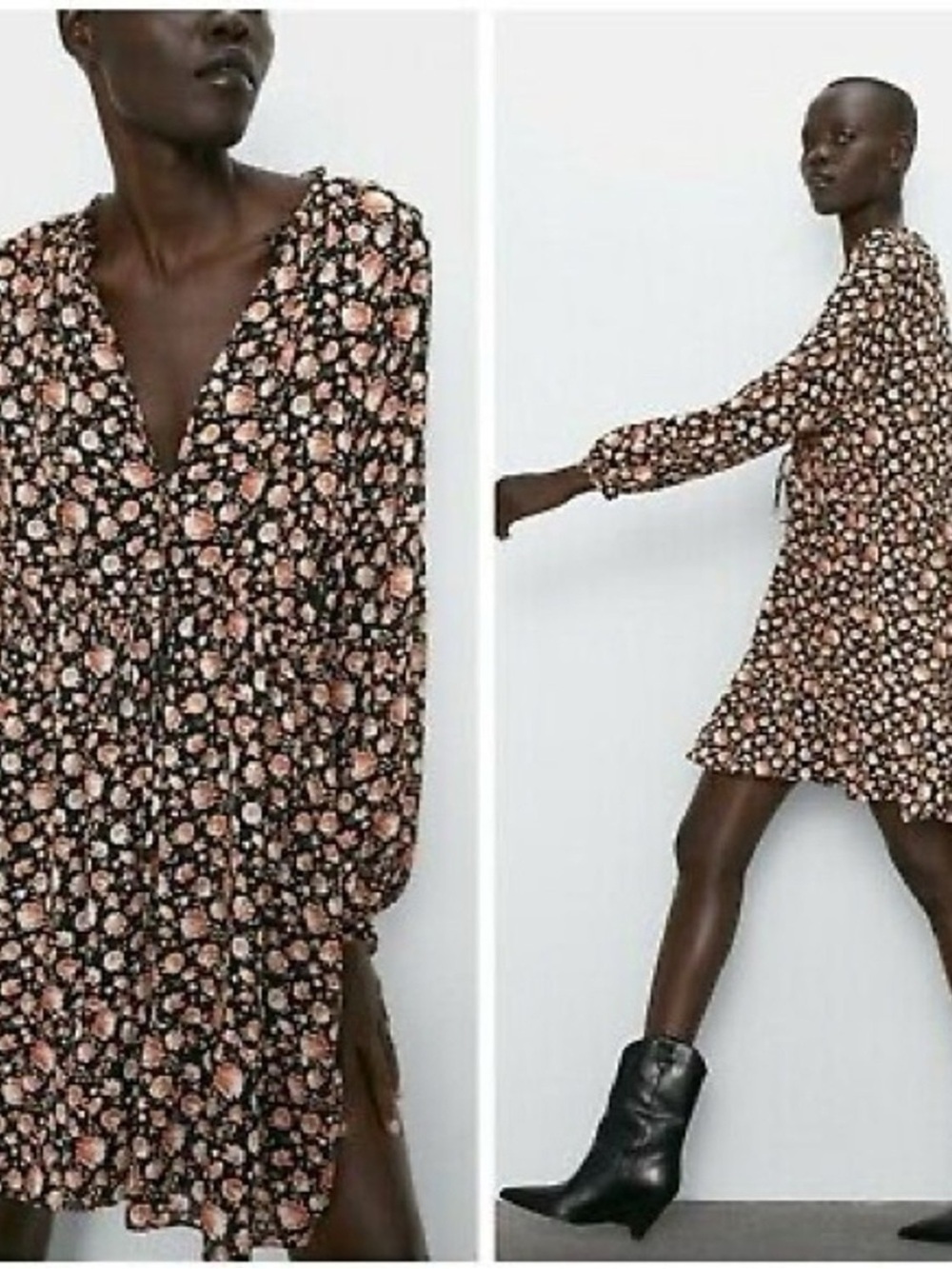 Zara| Floral V-Neck Long Sleeve Flowy Mini Dress in Black & Peach Sz L